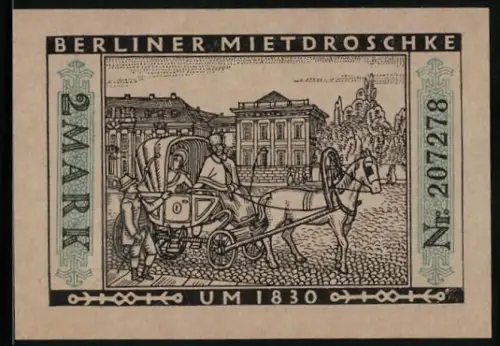 Notgeld Berlin 1922, 2 Mark, Berliner Mietdroschke um 1830, Seriennummer 201278, Berliner Bär Wappen