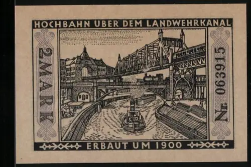 Notgeld Berlin 1922, 2 Mark, Hochbahn über Landwehrkanal, Berliner Bär, Nr. 063915