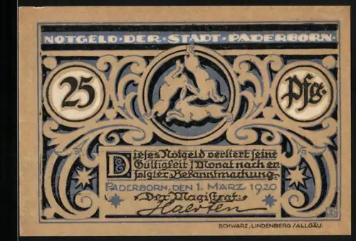 Notgeld Paderborn 1920, 25 Pfennig, springender Hund und Porträt mit Krone und Zepter