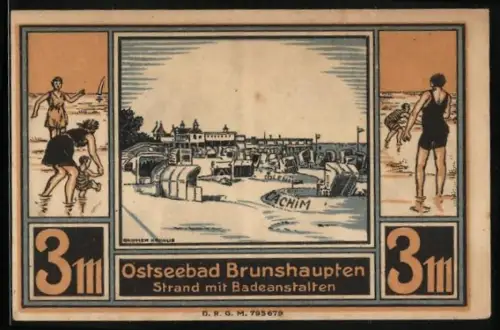 Notgeld Brunshaupten, 3 Mark, Strand und Kuhmotiv mit Bienenkörben, Seriennummer 26074, Konto C