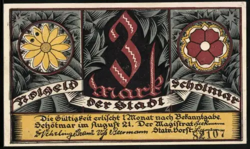 Notgeld Schötmar, 3 Mark, Mittelalterliche Ratssitzung, Blume und Rote Rose, Seriennummer 82107