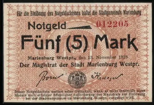 Notgeld Marienburg 1918, 5 Mark, Seriennummer 012205, Stadtwappen und Magistratsunterschriften, Stempel Rückseitig