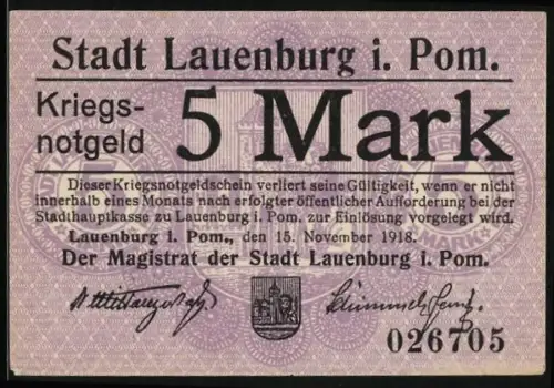 Notgeld Lauenburg i. Pom. 1918, 5 Mark, violett, Stadtwappen, Ser. Nr. 026705