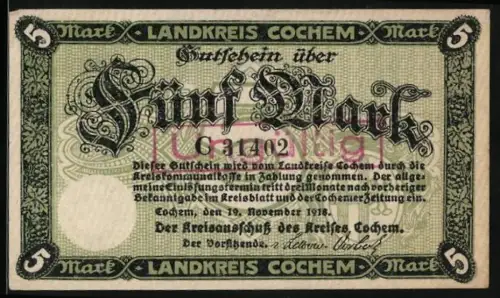 Notgeld Cochem 1918, 5 Mark, Burg Cochem und florales Muster, Seriennummer 31402, Stempel: UNGÜLTIG