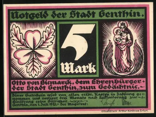 Notgeld Genthin 1921, 5 Mark, Blumenmotiv und Heiligenbild, Porträt Otto von Bismarck mit Zitat