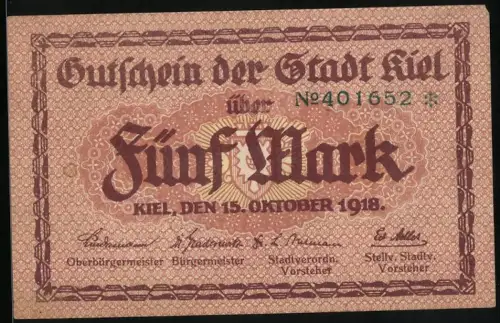 Notgeld Kiel 1918, 5 Mark, Stadtsilhouette mit Turm, Seriennummer 401652, Stadtwappen