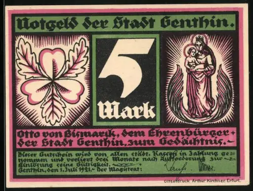 Notgeld Genthin 1921, 5 Mark, Kleeblatt und Heligenbild mit Kind, Porträt Bismarck mit Zitat