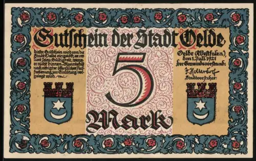 Notgeld Oelde 1921, 5 Mark, dekoratives Muster und nächtliche Szene mit Polizist und Dorfbewohnern