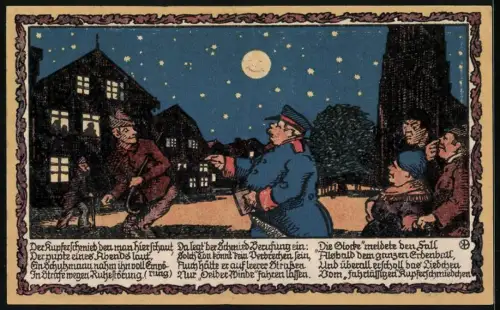 Notgeld Oelde 1921, 5 Mark, dekoratives Muster und nächtliche Szene mit Polizist und Dorfbewohnern