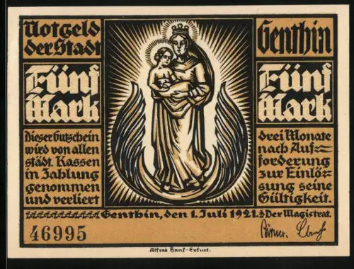 Notgeld Genthin 1921, 5 Mark, Madonna mit Kind und Stadtansicht, Seriennummer 46995