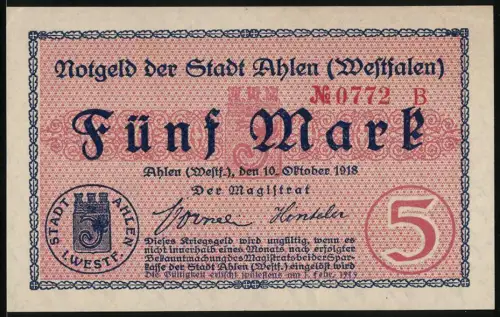 Notgeld Ahlen 1918, 5 Mark, Seriennummer 0772, Stadtwappen, Zitat von Friedrich dem Grossen