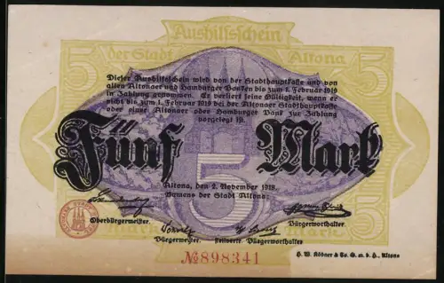Notgeld Altona 1918, 5 Mark, Ausgabetext und grosses violettes 5-Motiv, Seriennummer N 898341