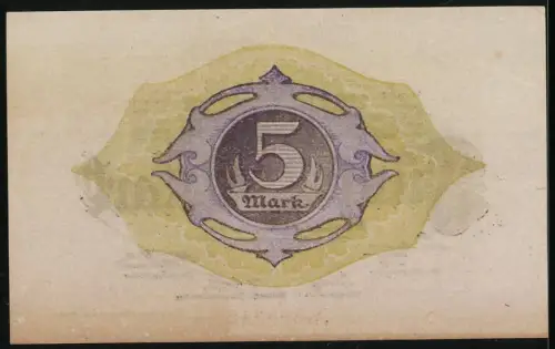 Notgeld Altona 1918, 5 Mark, Ausgabetext und grosses violettes 5-Motiv, Seriennummer N 898341