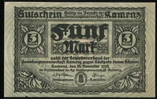 Notgeld Kamenz 1918, 5 Mark, Stadtansicht und florales Muster, Seriennummer