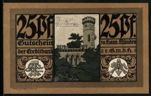 Notgeld Hann. Münden 1921, 25 Pf, Turm und Brücke, Wappen mit Burgmotiv