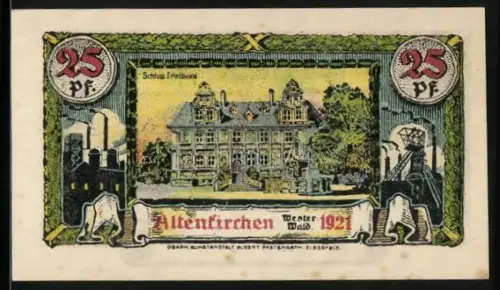 Notgeld Altenkirchen / Westerwald 1921, 25 Pfennig, Schloss Friedewald, Seriennummer A 082081, Löwenwappen