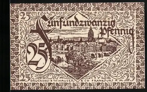 Notgeld Frankfurt am Main 1919, 25 Pfennig, Stadtansicht mit gotischem Schriftzug und doppeltem Adlerwappen