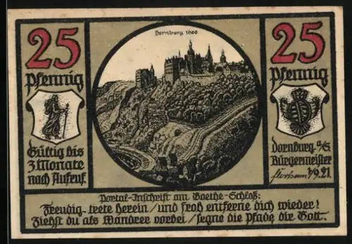 Notgeld Dornburg 1921, 25 Pfennig, Dornburg Schlossansicht, Landschaft bei Papstlinde, Wappen, Inschrift