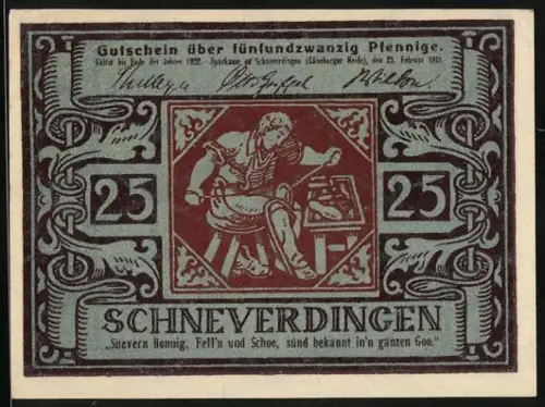 Notgeld Schneverdingen 1921, 25 Pfennig, Handwerker bei der Arbeit, florales Muster und Spruchband