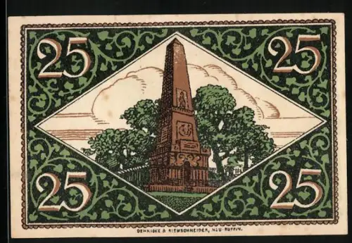 Notgeld Rheinsberg, 25 Pfennig, Obelisk und Porträt des jungen Wilhelm II. von Preussen mit dekorativen Elementen