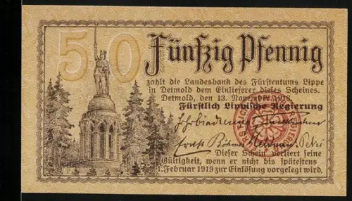 Notgeld Detmold 1918, 50 Pfennig, Hermannsdenkmal und Waldmotiv, roter Stempel
