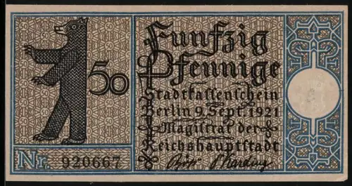 Notgeld Berlin-Tiergarten 1921, 50 Pfennig, Bär und Dampfschiff, Nr. 92067