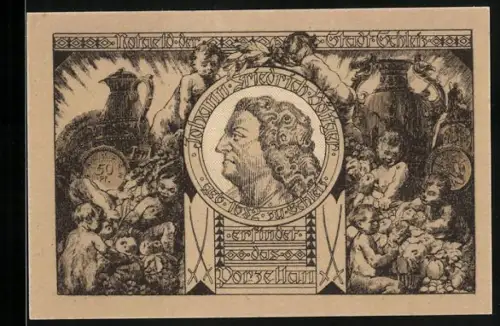 Notgeld Schleiz 1921, 50 Pfennig, Porträt, Putten, Büffelwappen, Seriennummer, kunstvolle Ornamente