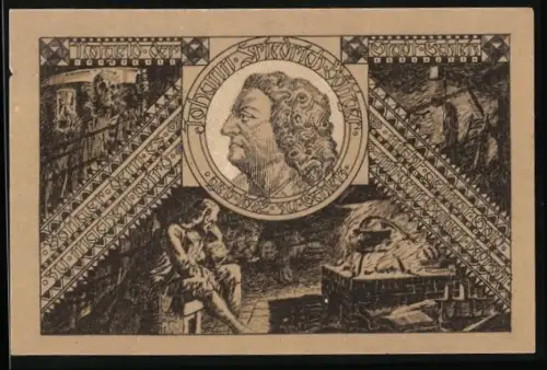 Notgeld Schleiz 1921, 50 Pfennig, Porträt und Stier im Wappen, Seriennummer und Wappen abgebildet