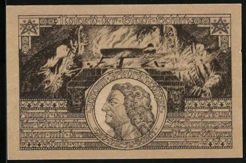 Notgeld Schleiz 1921, 50 Pfennig, Porträt und brennender Scheiterhaufen, Büffel-Wappen, Seriennummer
