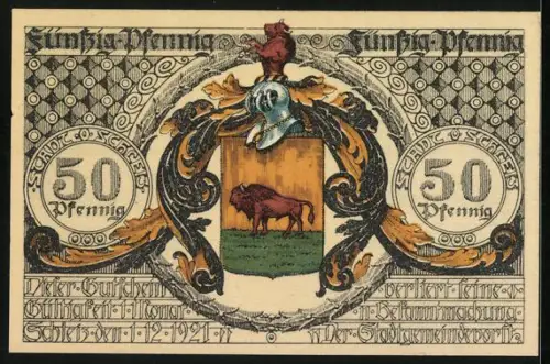 Notgeld Schleiz 1921, 50 Pfennig, Porträt und brennender Scheiterhaufen, Büffel-Wappen, Seriennummer