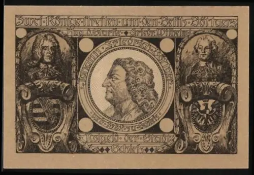 Notgeld Schleiz 1921, 50 Pfennig, Porträts und Büffel im Wappen, Seriennummer und Wappen vorhanden
