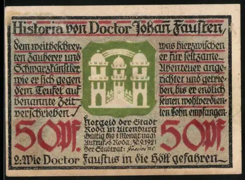Notgeld Roda 1921, 50 Pf, Dr. Faust auf flammendem Ross, historische Schrift und Wappen