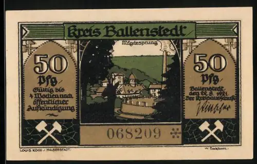 Notgeld Ballenstedt 1921, 50 Pfennig, Mägdesprung und ländliche Szene, Seriennummer 068209, Zwerge