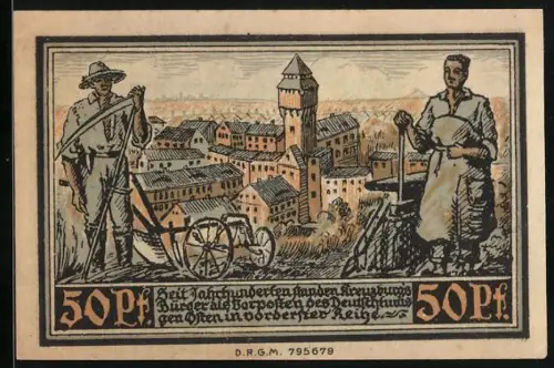 Notgeld Kreuzburg 1921, 50 Pf, Stadtansicht mit Bauern und Wappen, D.R.G.M. 795679