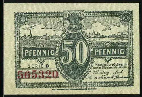 Notgeld Schwerin / Mecklenburg 1922, 50 Pfennig, Stadtpanorama mit Wappen, Serie D, Nr. 565320