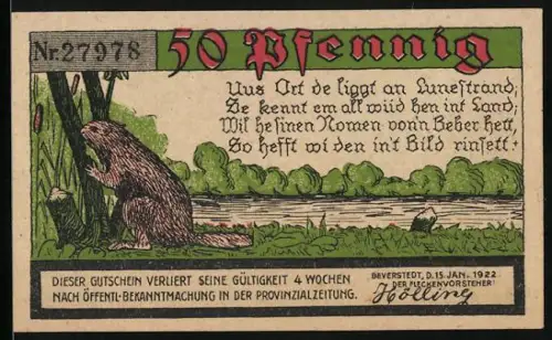 Notgeld Beverstedt 1922, 50 Pfennig, Biber am Wasser, Kirchensiegel und Pflanzenornamentik