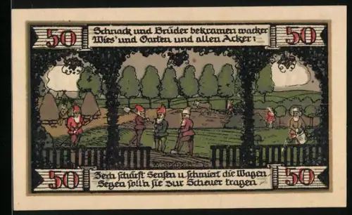 Notgeld Ballenstedt 1921, 50 Pfennig, Landschaft mit Zwergen und Gebäuden, Seriennummer 095779