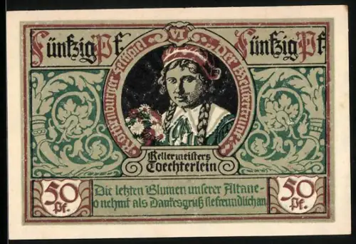 Notgeld Rothenburg ob der Tauber 1921, 50 Pf, Kellermeisters Tochterlein, Stadtwappen, Seriennummer 62435