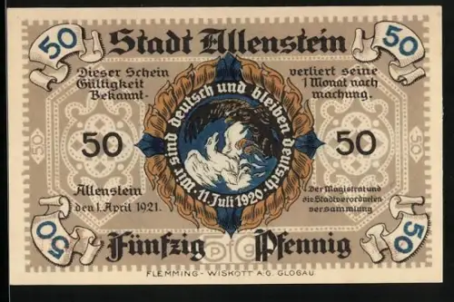 Notgeld Allenstein 1921, 50 Pfennig, Stadtwappen, Rathausillustration, Serie A, Seriennummer 177666