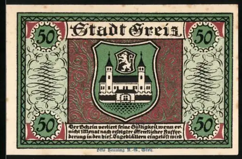 Notgeld Greiz 1921, 50 Pfennig, Wappen und Schule mit Inschrift, Seriennummer und Datum