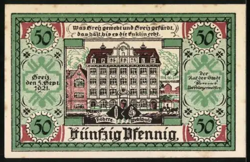 Notgeld Greiz 1921, 50 Pfennig, Wappen und Schule mit Inschrift, Seriennummer und Datum