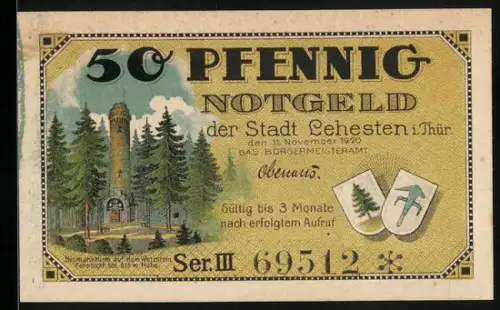 Notgeld Lehesten 1920, 50 Pfennig, Turm im Wald, Schrift auf Tafel, Seriennummer 69512, Wappen
