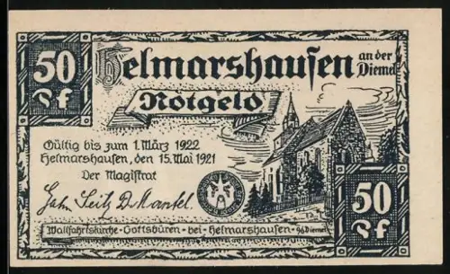 Notgeld Helmarshausen 1921, 50 Pf, Kloster und Pilger, Texttafel und Reliquie, gültig bis 1922