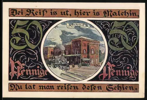 Notgeld Malchin 1922, 50 Pfennig, Bahnhof und Wappen mit Stierkopf und Türmen