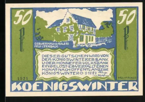 Notgeld Königswinter 1921, 50 Pfennig, Geburtshaus des Malers Prof. Ittenbach, Gedicht von H. Dippel, Wappen
