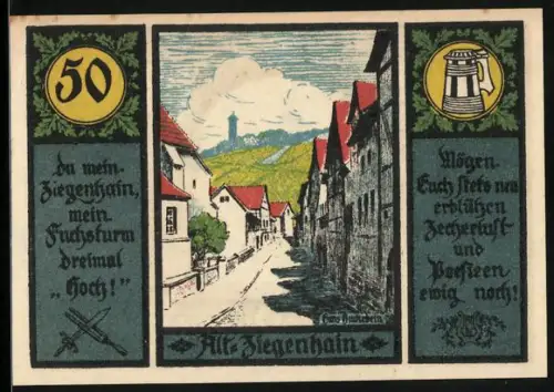 Notgeld Jena 1921, 50 Pfennig, Dorfstrasse und Fuchsturm, Wappen