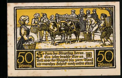 Notgeld Ditfurt 1921, 50 Pfennig, Marktszene mit Eiern und Hühnern, Wappen