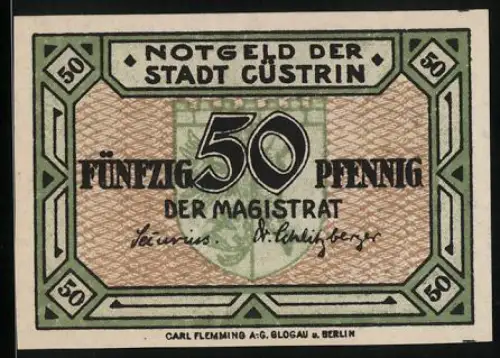 Notgeld Cüstrin 1919, 50 Pfennig, Stadtwappen und Magistratsunterschriften