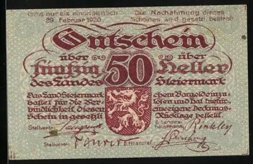 Notgeld Graz / Steiermark 1920, 50 Heller, roter Löwe Wappen, verzierte Schrift, Seriennummer und Unterschriften