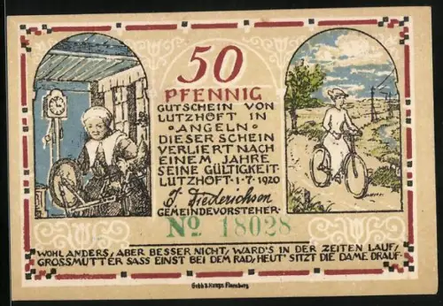 Notgeld Lutzhöft 1920, 50 Pfennig, Radfahrende Dame und Grossmutter, Vieh an der Grenze, Nr. 18028